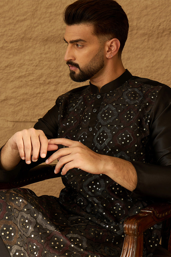 Black Silk Blend Solid Embroidered Straight Kurta MKU1471