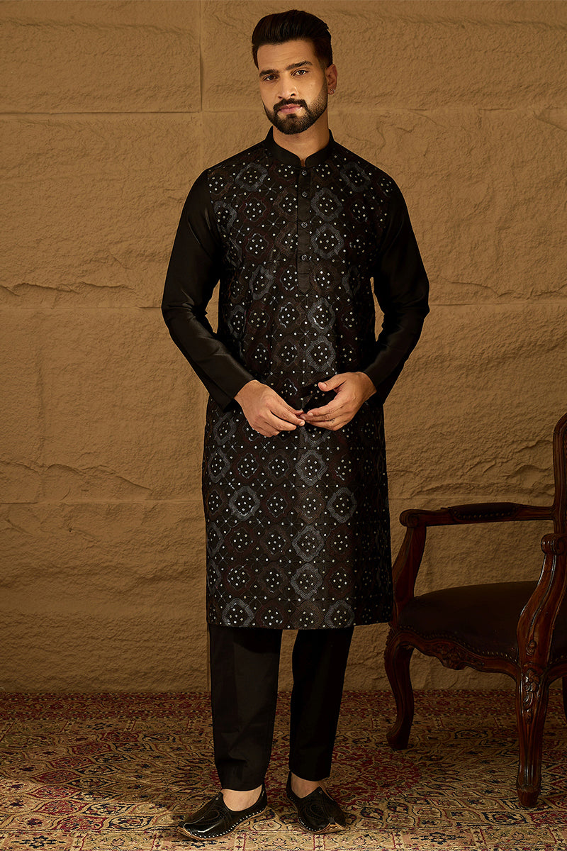 Black Silk Blend Solid Embroidered Straight Kurta MKU1471