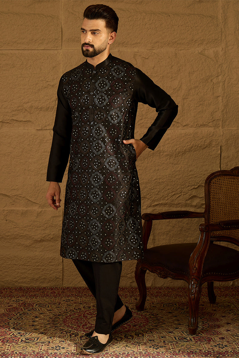 Black Silk Blend Solid Embroidered Straight Kurta MKU1471