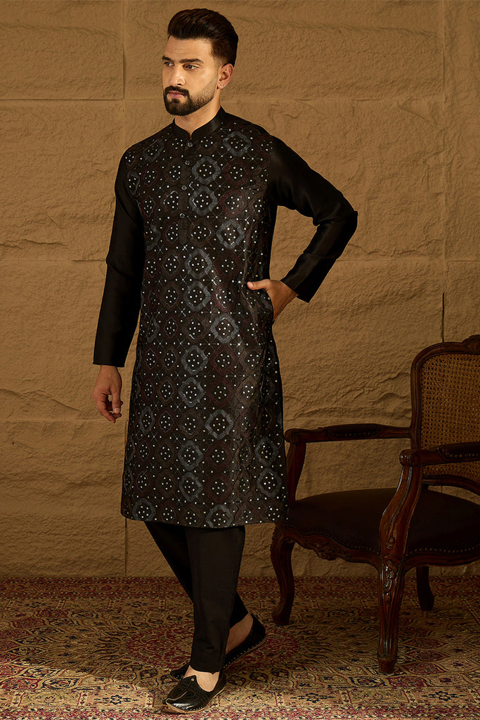 Black Silk Blend Solid Embroidered Straight Kurta MKU1471
