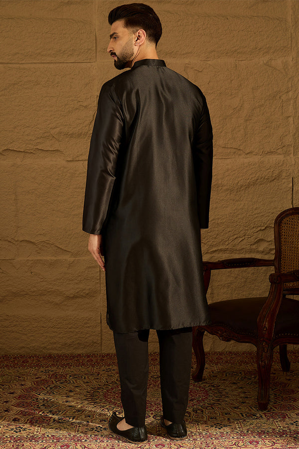 Black Silk Blend Solid Embroidered Straight Kurta with Trouser MKSET1471