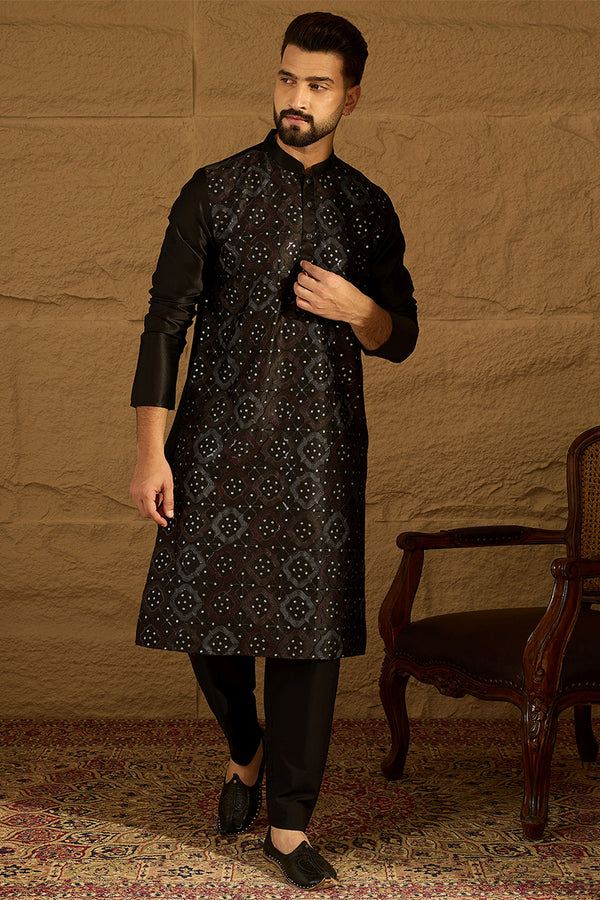 Black Silk Blend Solid Embroidered Straight Kurta with Trouser MKSET1471