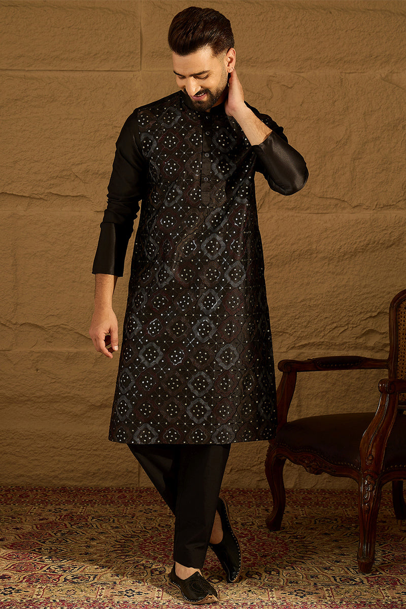 Black Silk Blend Solid Embroidered Straight Kurta MKU1471