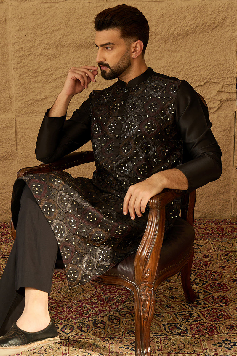 Black Silk Blend Solid Embroidered Straight Kurta with Trouser MKSET1471