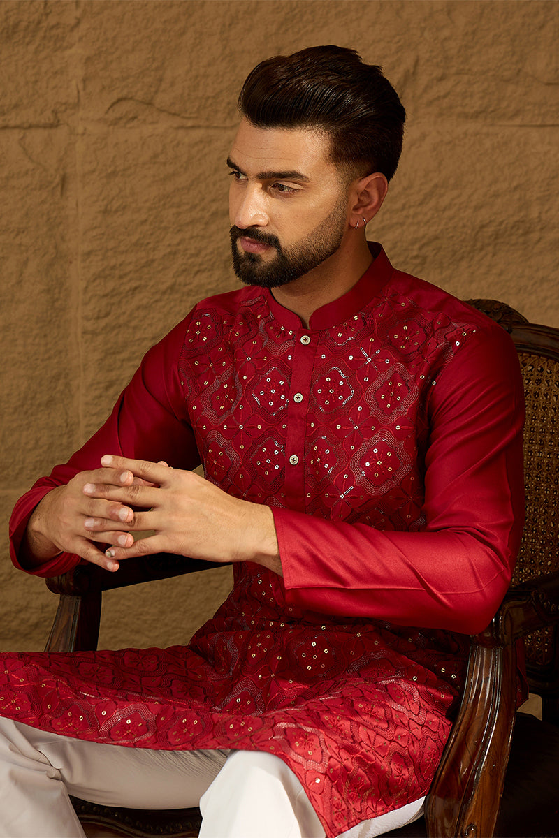 Maroon Silk Blend Solid Embroidered Straight Kurta MKU1472