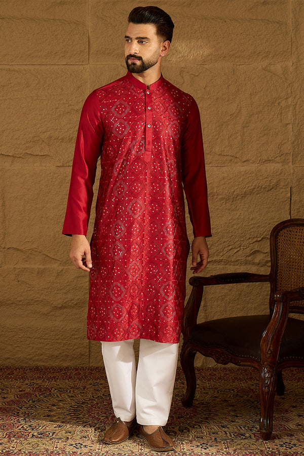 Maroon Silk Blend Solid Embroidered Straight Kurta with Trouser MKSET1472