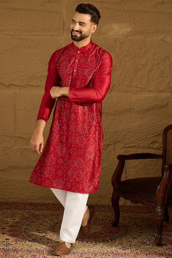 Maroon Silk Blend Solid Embroidered Straight Kurta MKU1472
