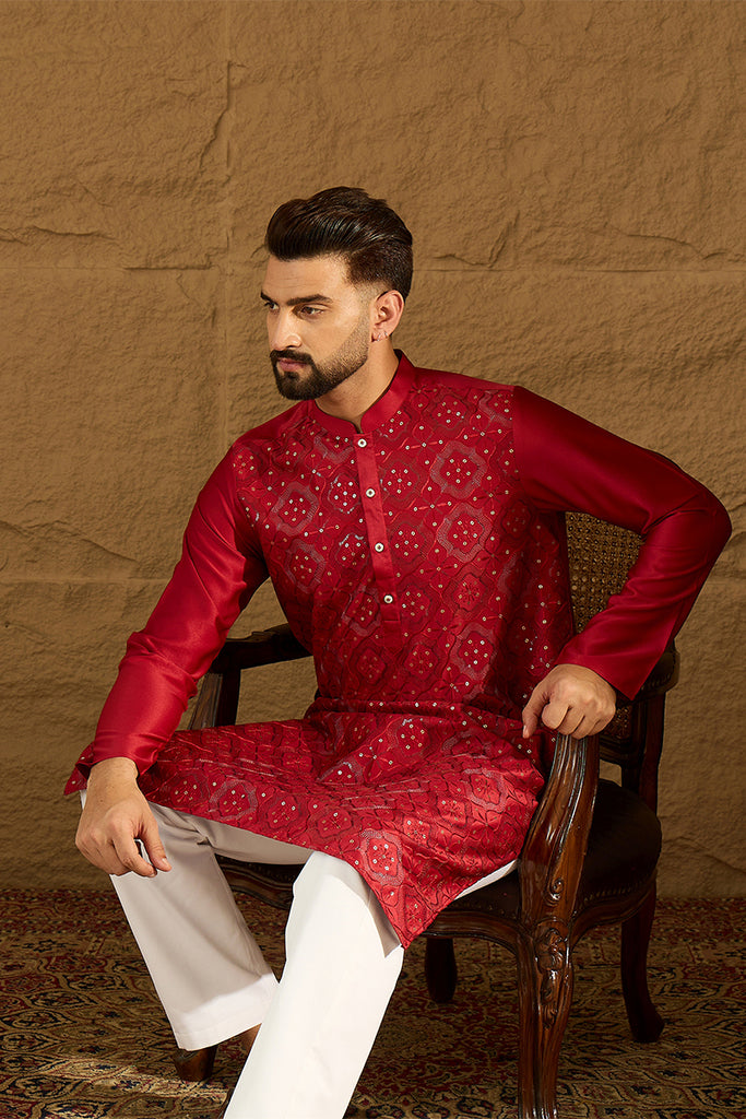 Maroon Silk Blend Solid Embroidered Straight Kurta with Trouser MKSET1472