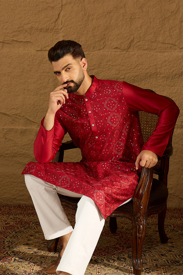 Maroon Silk Blend Solid Embroidered Straight Kurta MKU1472