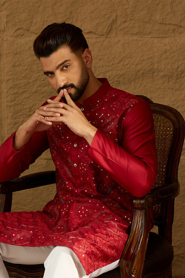 Maroon Silk Blend Solid Embroidered Straight Kurta with Trouser MKSET1472