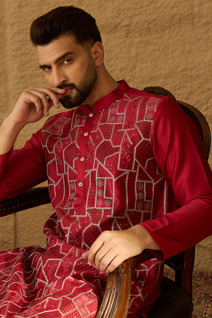 Maroon Silk Blend Solid Embroidered Straight Kurta MKU1473