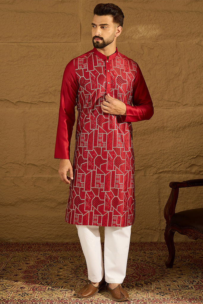 Maroon Silk Blend Solid Embroidered Straight Kurta MKU1473