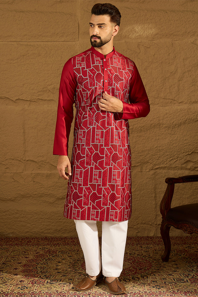 Maroon Silk Blend Solid Embroidered Straight Kurta with Trouser MKSET1473