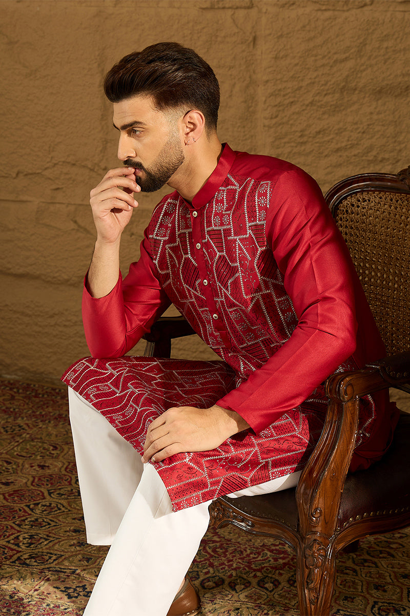 Maroon Silk Blend Solid Embroidered Straight Kurta MKU1473