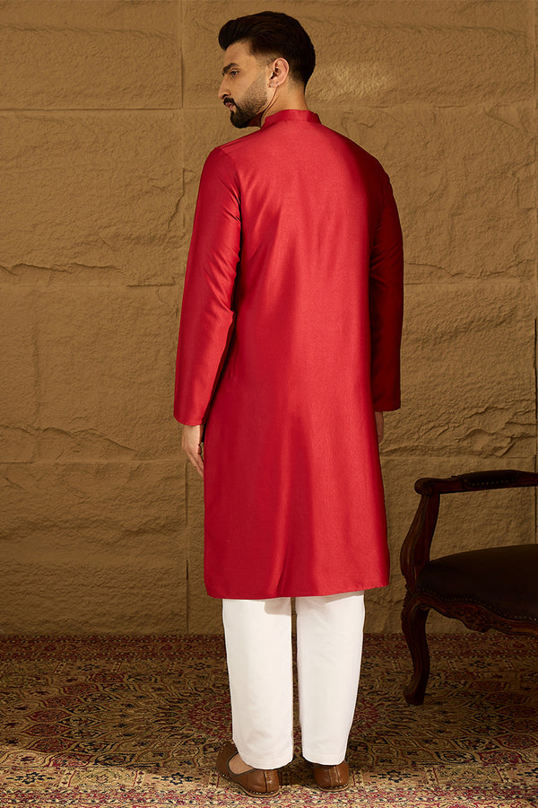 Maroon Silk Blend Solid Embroidered Straight Kurta with Trouser MKSET1473