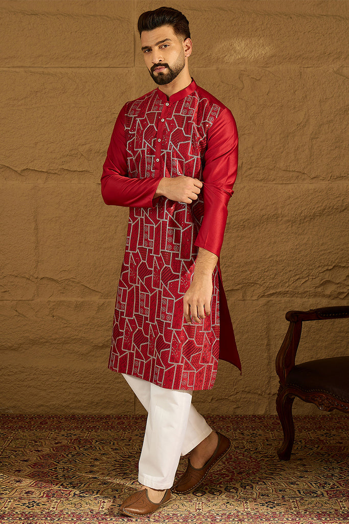 Maroon Silk Blend Solid Embroidered Straight Kurta MKU1473