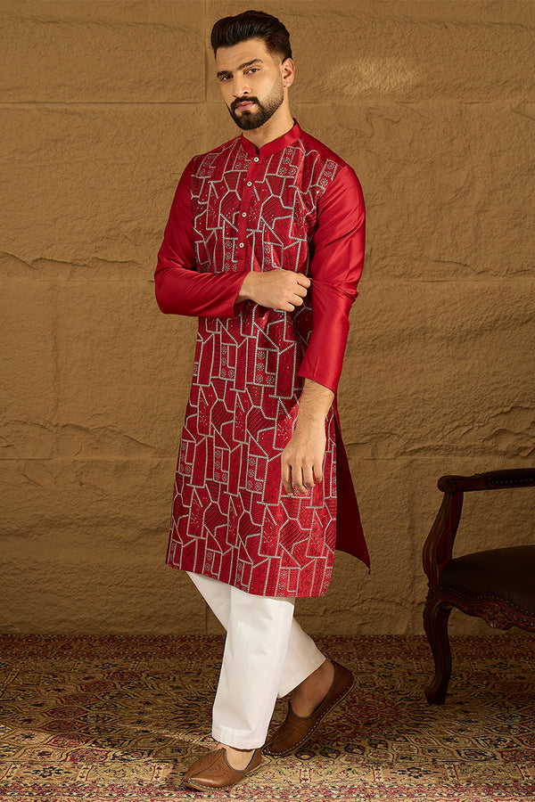 Maroon Silk Blend Solid Embroidered Straight Kurta MKU1473