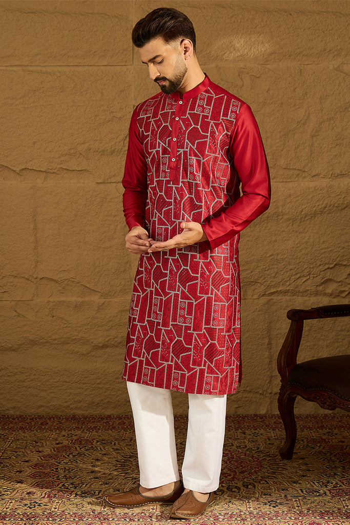 Maroon Silk Blend Solid Embroidered Straight Kurta MKU1473