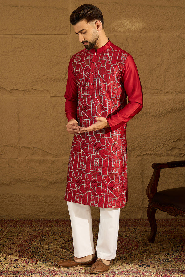 Maroon Silk Blend Solid Embroidered Straight Kurta MKU1473