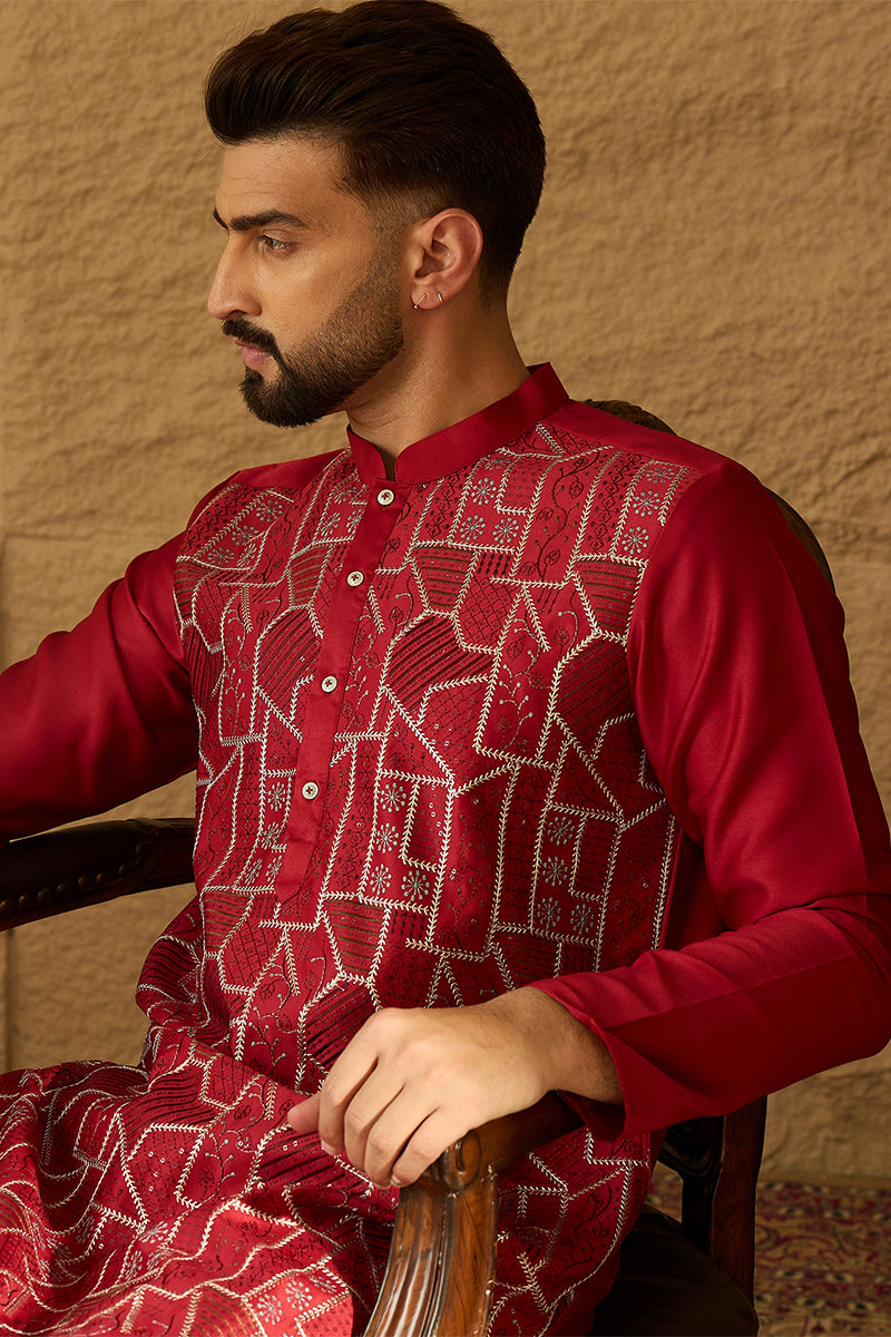 Maroon Silk Blend Solid Embroidered Straight Kurta with Trouser MKSET1473