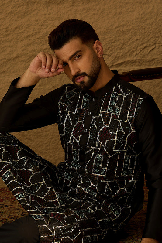 Black Silk Blend Solid Embroidered Straight Kurta with Trouser MKSET1474