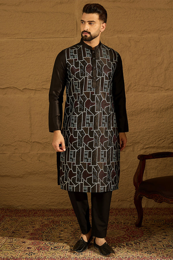 Black Silk Blend Solid Embroidered Straight Kurta with Trouser MKSET1474