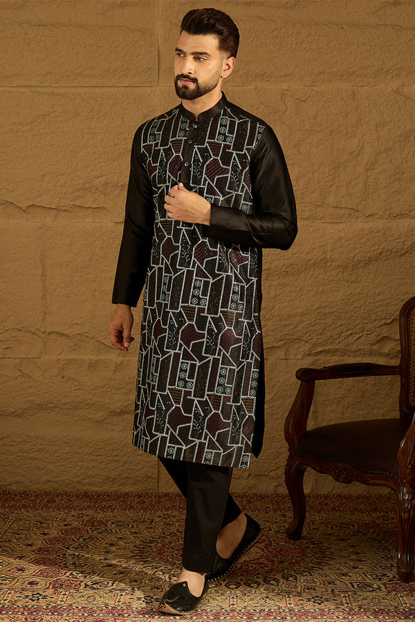 Black Silk Blend Solid Embroidered Straight Kurta with Trouser MKSET1474