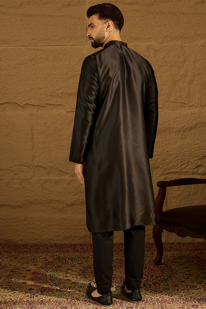 Black Silk Blend Solid Embroidered Straight Kurta with Trouser MKSET1474