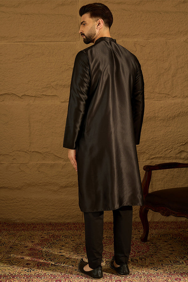 Black Silk Blend Solid Embroidered Straight Kurta MKU1474