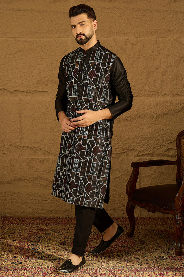 Black Silk Blend Solid Embroidered Straight Kurta with Trouser MKSET1474