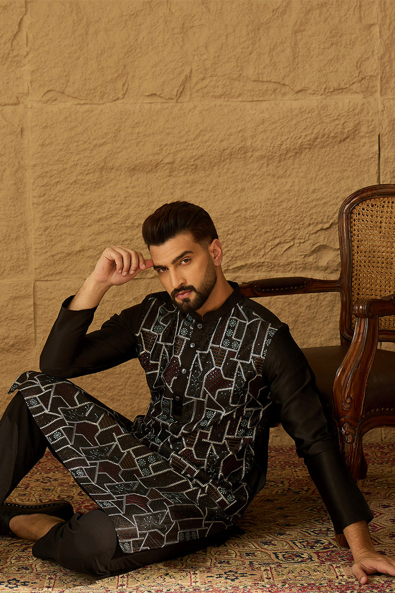 Black Silk Blend Solid Embroidered Straight Kurta with Trouser MKSET1474