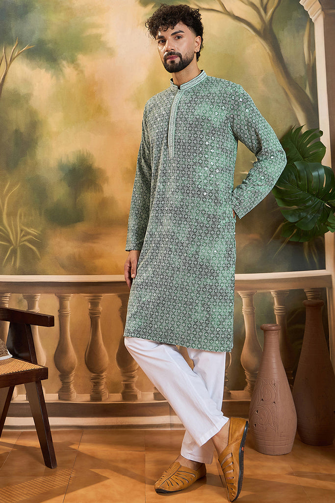Green Viscose Rayon Shibori Embroidered Straight Kurta MKU1485