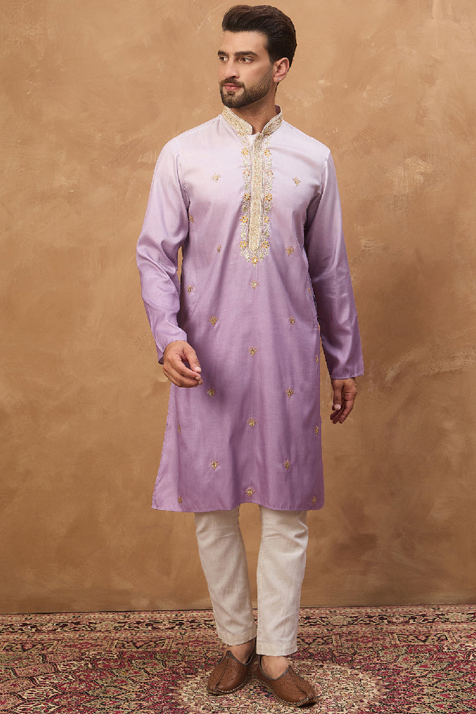 Purple Silk Blend Solid Embroidered Straight Kurta With Pant Set MKSET1487