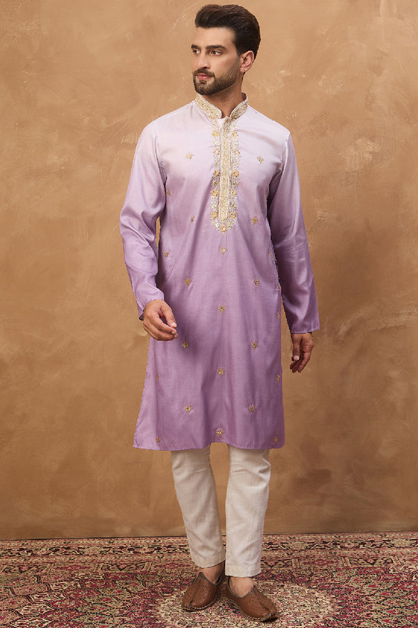 Purple Silk Blend Solid Embroidered Straight Kurta With Pant Set MKSET1487