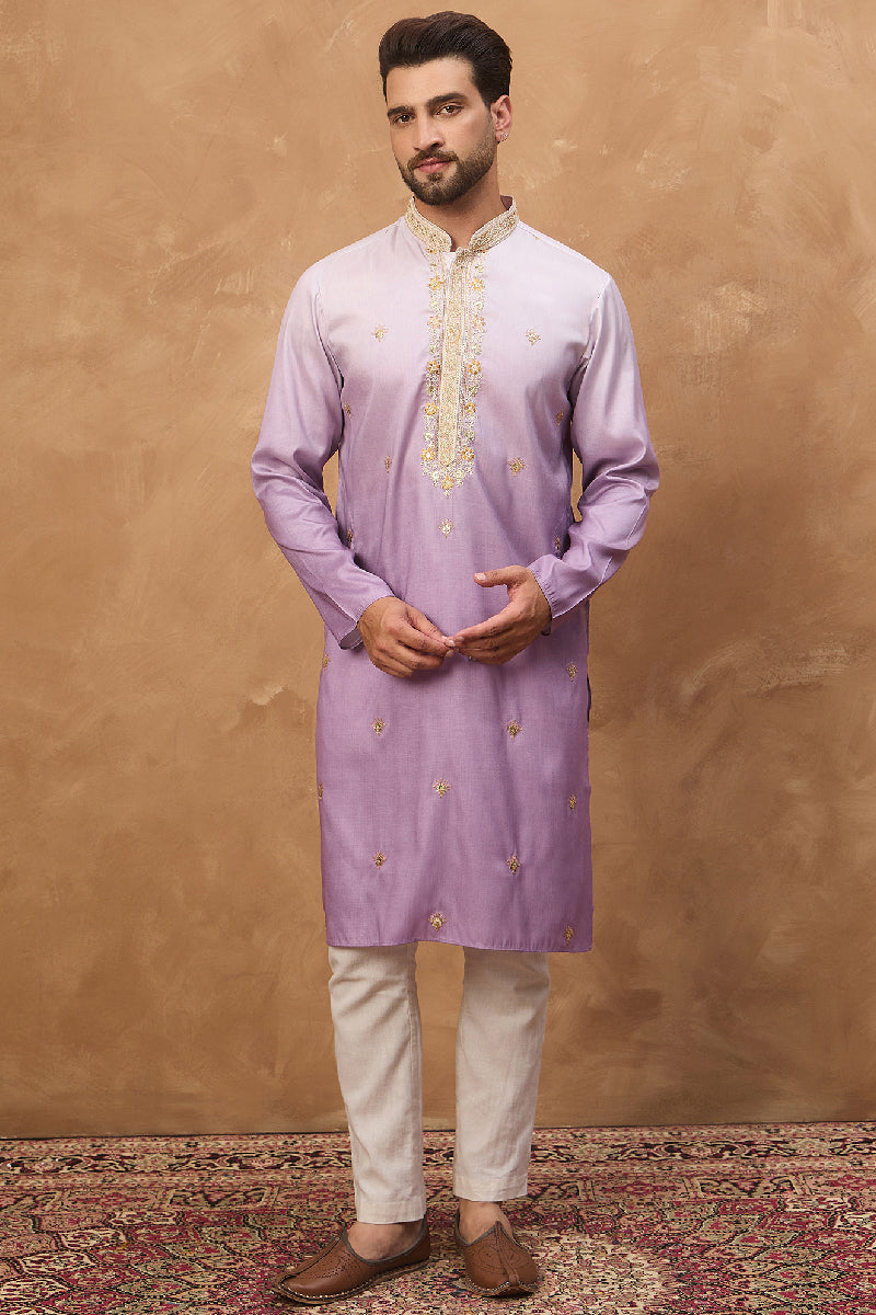 Purple Silk Blend Solid Embroidered Straight Kurta With Pant Set MKSET1487