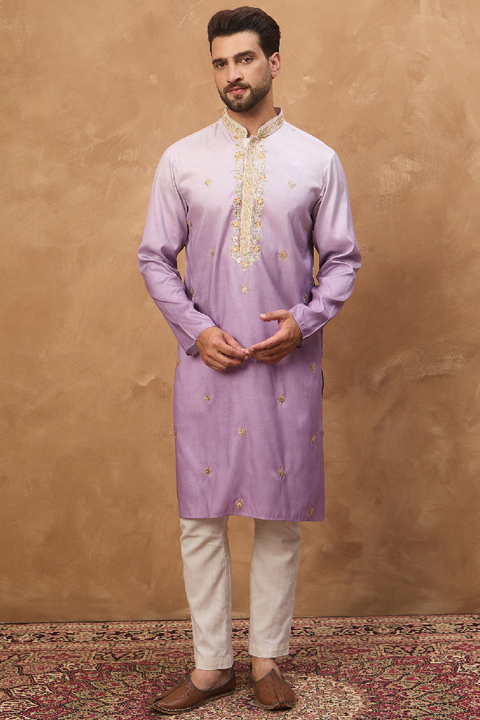 Purple Silk Blend Solid Embroidered Straight Kurta With Pant Set MKSET1487
