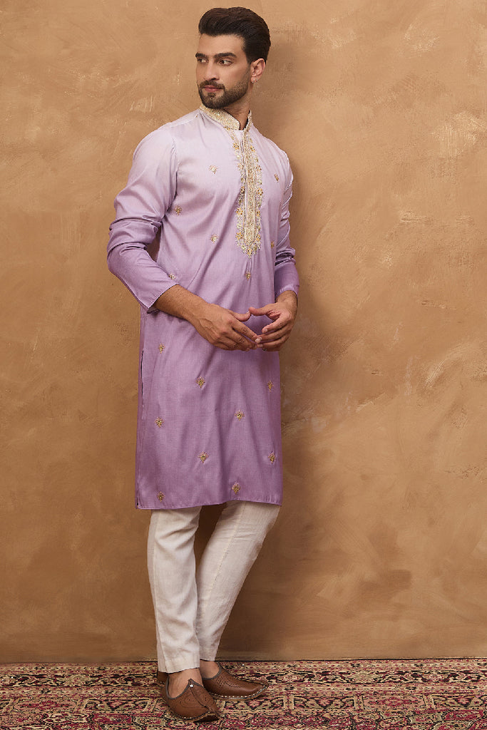 Purple Silk Blend Solid Embroidered Straight Kurta With Pant Set MKSET1487