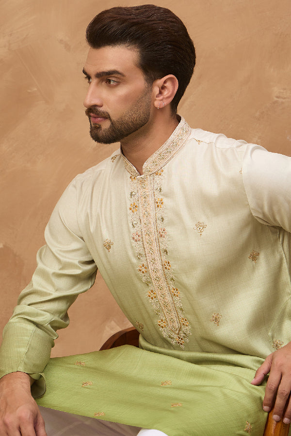 Green Silk Blend Solid Embroidered Straight Kurta With Pant Set MKSET1488