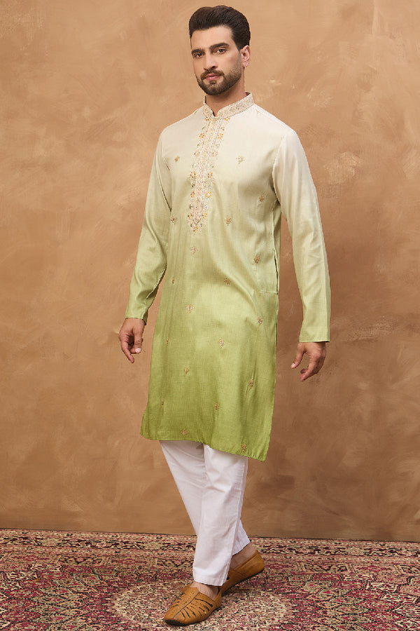 Green Silk Blend Solid Embroidered Straight Kurta With Pant Set MKSET1488