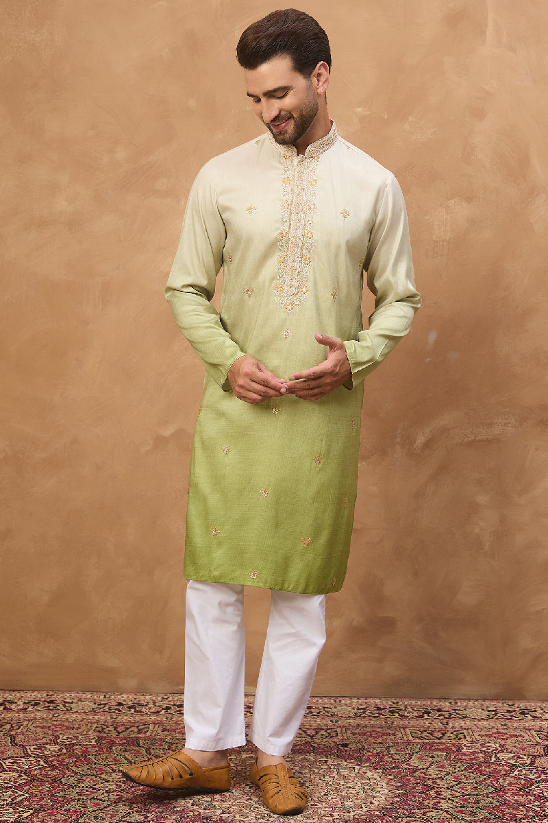 Green Silk Blend Solid Embroidered Straight Kurta With Pant Set MKSET1488