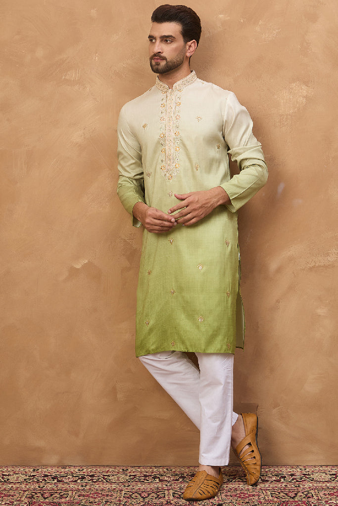 Green Silk Blend Solid Embroidered Straight Kurta With Pant Set MKSET1488