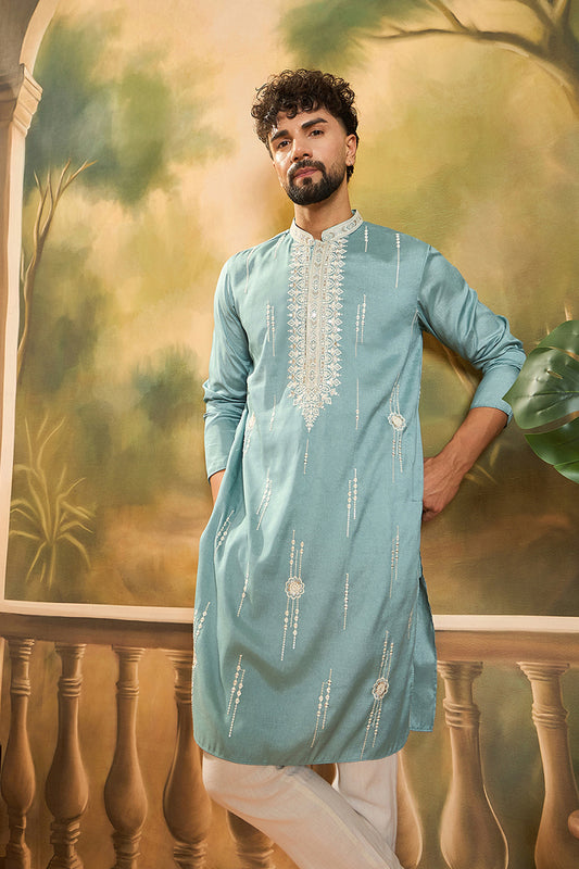 Blue Silk Blend Solid Embroidered Straight Kurta MKU1490