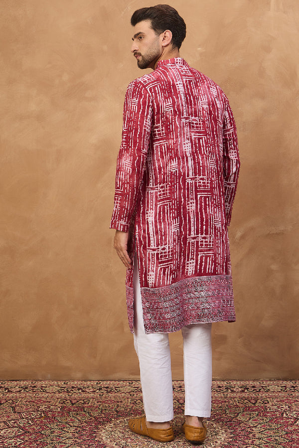 Red Viscose Rayon Batik Embroidered Straight Kurta With Pant Set MKSET1499