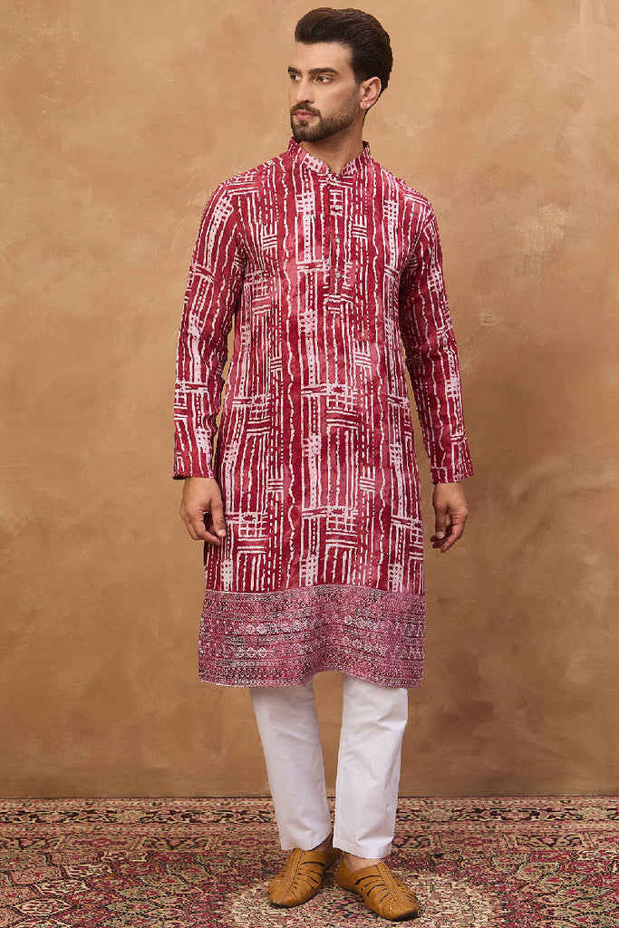 Red Viscose Rayon Batik Embroidered Straight Kurta With Pant Set MKSET1499