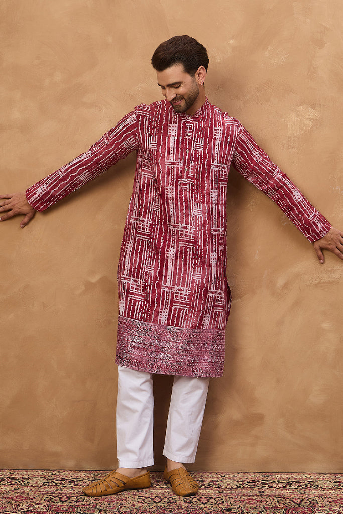 Red Viscose Rayon Batik Embroidered Straight Kurta With Pant Set MKSET1499