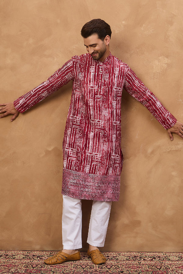 Red Viscose Rayon Batik Embroidered Straight Kurta With Pant Set MKSET1499