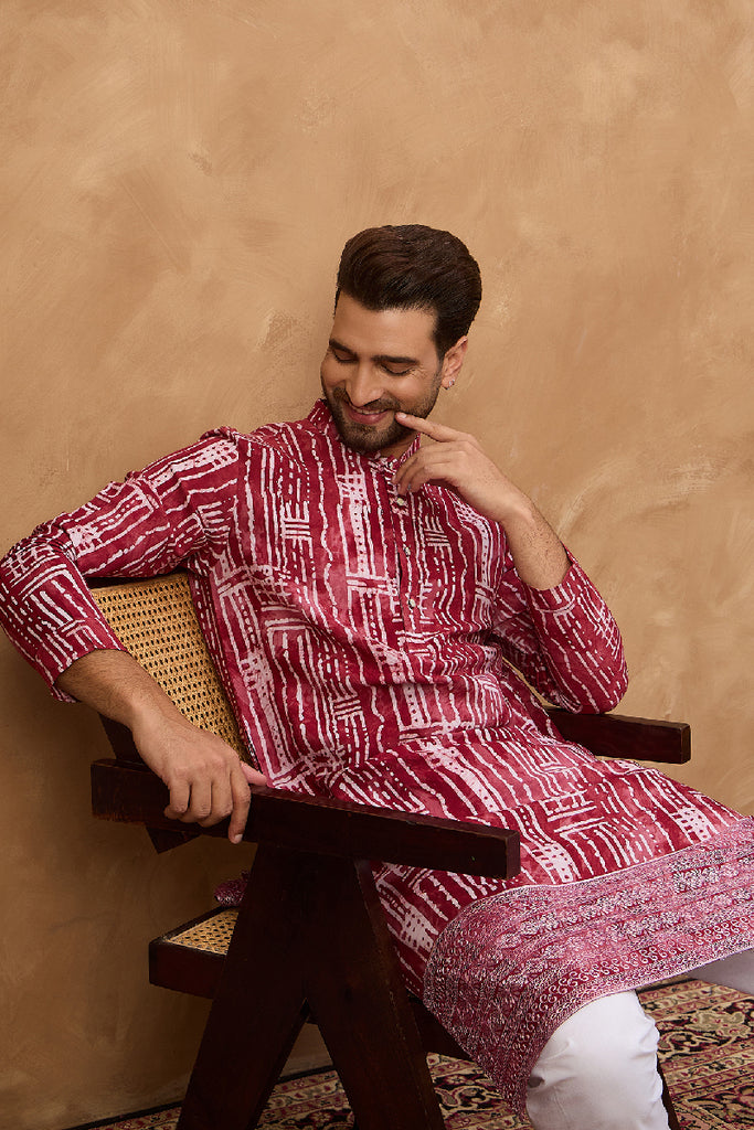 Red Viscose Rayon Batik Embroidered Straight Kurta With Pant Set MKSET1499