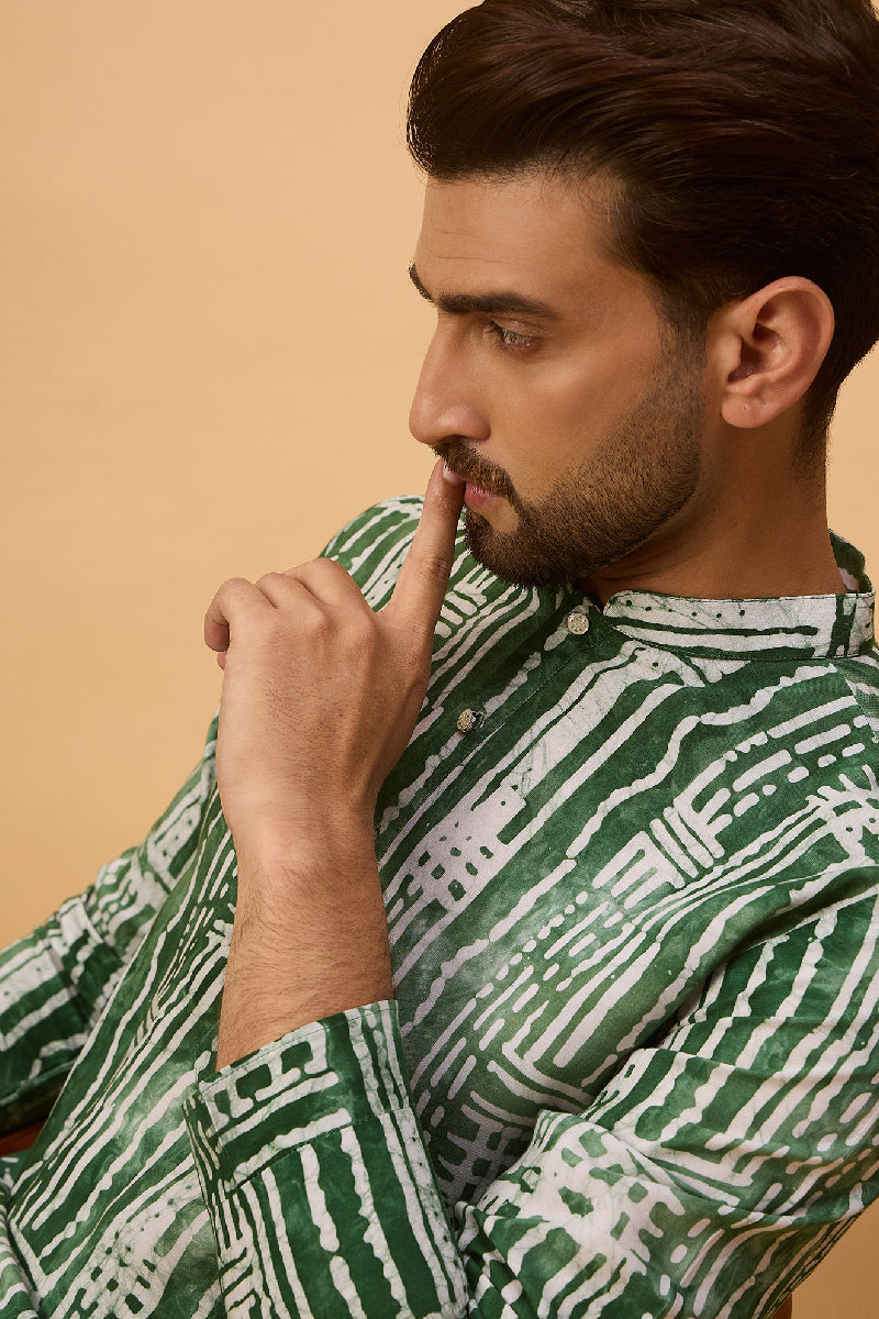Green Viscose Rayon Batik Embroidered Straight Kurta With Pant Set MKSET1500