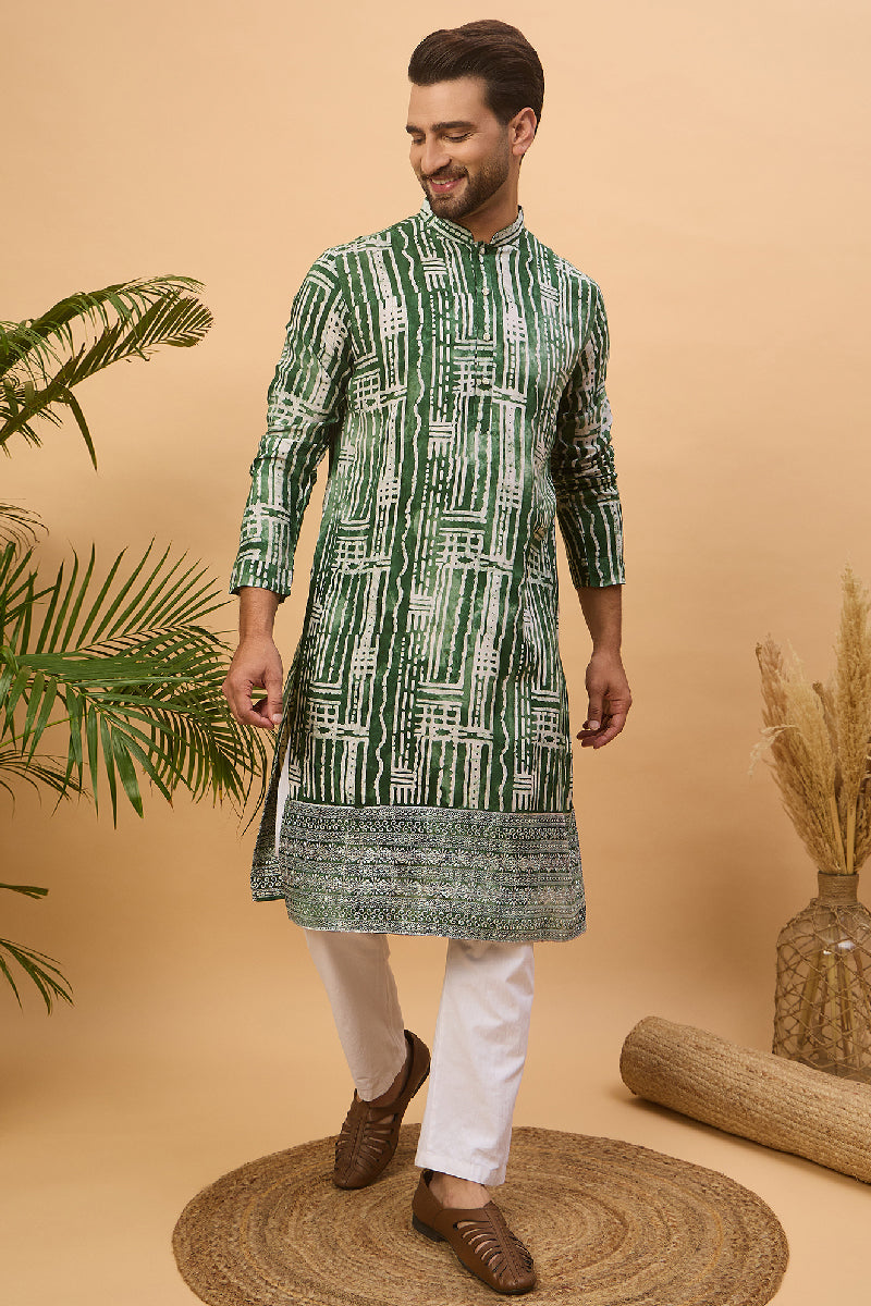 Green Viscose Rayon Batik Embroidered Straight Kurta With Pant Set MKSET1500