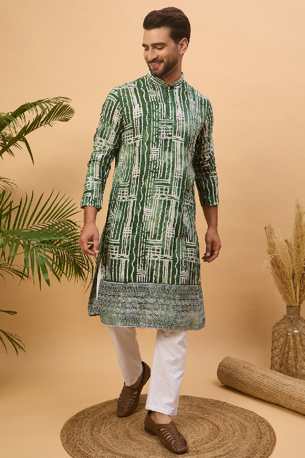 Green Viscose Rayon Batik Embroidered Straight Kurta With Pant Set MKSET1500